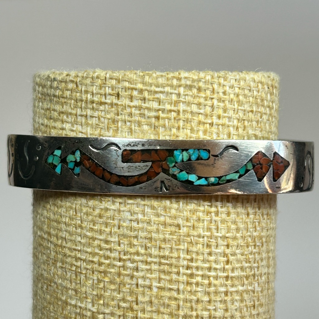 Vintage Sterling Silver Turquoise Coral Chip Inlay Cuff Bangle